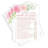 Baby Shower Game, Guess Who Mommy Or Daddy, Floral, 50 Cards