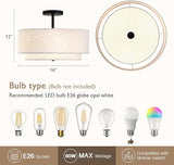 16 Inch Double Drum Ceiling Light 3 Light Semi Flush Mount Fabric Shade Fixture