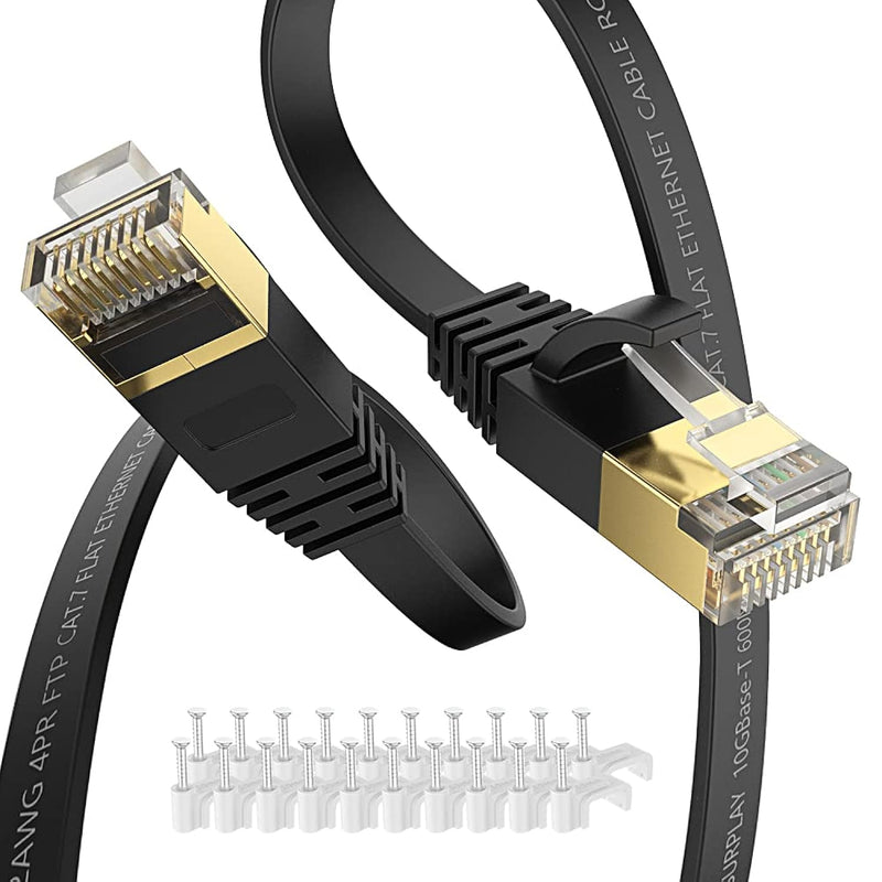 Cat7 Ethernet Cable 50Ft-Black-10Gbps Shielded & Gnd Internet Cord For Long Di