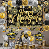 Happy New Year Photo Booth Backdrop with Fireworks Balloons and Pom Poms