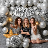 35 Pcs Disco Balloon Kit with Silver Balloons and Happy New Year Banner for Parties