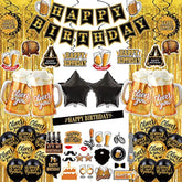 Black And Gold Party Decorations For Men And Women: Happy Birthday Banner, Fringe Curtains, "Cheers To You" Foil Balloons, Hanging Swirls, Photo Props, Birthday Sash