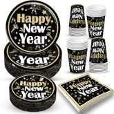 New Year 2026 Tableware Set Black Gold Plates Cups Napkins Serves 25 Guests