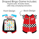 Big Dot of Happiness Let’s Go Racing - Racecar - Picture Bingo Cards and Markers - Race Car Baby Shower Shaped Bingo Game - Set of 18