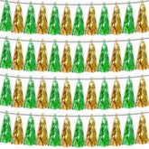 4P Sage-Green Gold Tassel Banner Garland Metallic Foil Fringe Banner Tinsel Tassels Streamer Banner Backdrop For Parade Floats, Graduation Decorations, Woodland Party Decoration