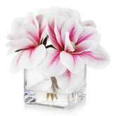 Enova Floral Artificial Real Touch Magnolia Faux Flowers Arrangement in Cube Glass Vase with Faux Water for Home Office Wedding (Pink)