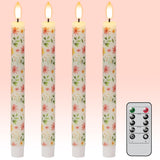 Flameless Taper Candles With Remote, 4 Pcs Spring Led Taper Candles Battery Operated, Real Wax Flameless Candlesticks With Flowers Decals For Spring Wedding Home Decor(0.75” X 9.65”)