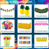 Tropical Luau Party Decoration Pack Hawaiian Beach Theme Party Favors Luau Party Supplies (112 Pcs) Including Banner, Table Skirt, Straws, Flamingo, Pineapple Décors.