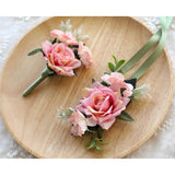 Artificial Rose Boutonniere And Corsage Set Rose Silk Flower For Wedding Prom Party, Pink