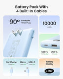 10000mAh Slim USB C Power Bank with Built In Cables Wall Plug and LED Display Blue