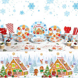 194 Pcs Merry Christmas Party Supplies For 24 Guests Gingerbread Christmas Tableware Set Includes Disposable Paper Plates Napkins Cups Straw Plastic Tablecloth Cover Knife Fork Spoon Xmas Decorations