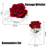 2Pcs Red Artificial Rose Corsage Wristlet Band And Men Boutonniere Set, For Prom Suit Decorations Wedding Party Flower Accessories