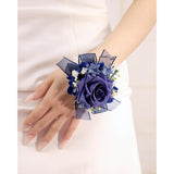 Bridal Prom Rose Wrist Corsage Artificial Flower Pearl Wristlet Bridesmaid Hand Flower Bracelet Wristband For Wedding Ceremony Party (Pearl Flower - Dark Blue)
