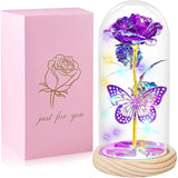 Rose Butterfly Artificial Flowers Eternal Glass Covered Wooden Base Led Lights Gifts For Ladies, Mothers, Daughters,Lovers On Birthdays,Mother'S Day,Anniversaries,Valentine'S Day,Christmas, Weddings