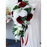 Wedding Bridal Bouquet, Bride Artificial Rose Flowers With Ribbons, Bridesmaid Fake Flower Bunch 11.8 Inch, Tossing Cascading Bouquet For Boho Rustic Ceremony Anniversary Party Decorations
