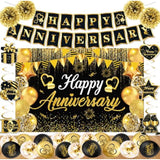 Happy Anniversary Decorations, Black And Gold Happy Anniversary Banner Wedding Party Decorations With 18Pcs Balloons, Backdrop, Hanging Swirls, Pompoms