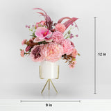 Artificial Pink Carnation And Orchid Flower Arrangement In White Ceramic Vase With Gold Stand (Pink)