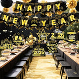 Happy New Year 2026 Black Gold Banner and Hanging Swirls Party Decorations
