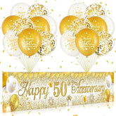 50th Anniversary Decor Set – White & Gold Yard Banner with 18 Balloons for Golden Celebration