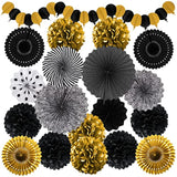 Black Gold Paper Pompoms Fans Party Decorations Graduation Birthday Wedding
