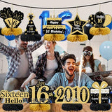9Pcs Black Gold 16th Birthday Decorations Honeycomb Centerpieces for Boys Girls,Happy 16th Birthday Centerpieces Tables Toppers Party Decorations Supplies 16th Table Sign Decor