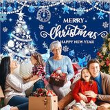 Blue Merry Christmas and New Year Photo Backdrop with Snowflakes and Tree Decor