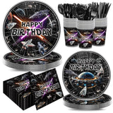 168Pcs Star Plates Napkins Birthday Party Supplies Disposable Paper Cups Black Forks Galaxy Movie Star Party Decorations Tableware Set For Kids Boys Birthday Decor Serves 24 Guests