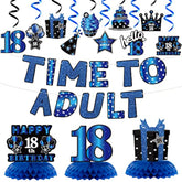 26Pcs 18th Birthday Decorations, Blue & Black Banner, Swirls & Honeycomb Centerpieces