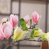 3Pcs Artificial Magnolia Flowers, Fake Silk Magnolia Flower Real Touch Branches For Home Decor, Pink+Green