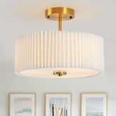 12.5 Inch Gold Drum Ceiling Light Cream White Pleated Fabric Semi Flush Mount Fixture