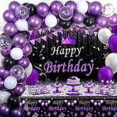 Purple And Black Party Decorations For Women, Purple Birthday Decorations For Girls Men With Purple Black Happy Birthday Backdrop Tablecloth Confetti Balloons Arch, Purple Party Supplies
