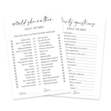 Minimalism Bridal Shower Game Cards - Would She Rather & Twenty Questions About The Bride For 50 Guests