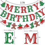 Merry Birthday Banner, Pre-Strung Christmas Birthday Party Decorations, Christmas Party Banner, Red And Green Glitter