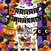 Halloween Birthday Party Decor Set – Includes Banner, Balloons, Cake Topper & Fringe Curtain