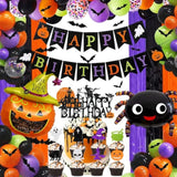 Halloween Birthday Party Decor Set – Includes Banner, Balloons, Cake Topper & Fringe Curtain