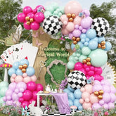 Pink Blue Green Balloons Garland Arch Kit, 125Pcs Pastel Pink Blue Purple Balloons, Dusty Green Hot Pink Gold Balloon Checkered Foil Balloon For Princess Fairy Birthday Spring Garden Tea Party Decor