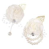 , 2 Pack White Rose Bridesmaid Wrist Flower Corsage Bride Silk With Artificial Gold Leaf Pearl Bead