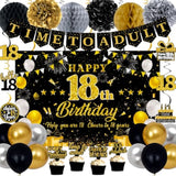 18Th Birthday Decorations For Boys Girls, Black Gold Happy 18Th Birthday Party Decorations, Time To Adult Birthday Banner, Backdrop, Balloons, Hanging Swirls, Birthday Cards, Cake Topper, Pompom 52Pcs