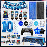 71Pcs Video Game 10Th Birthday Party Decorations, Blue Black Level 10 Birthday Decorations Banner Hanging Swirls Balloons Garland Arch Foil Curtains Tablecloth For Boys 10Th Birthday Decorations