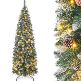 Pencil Christmas Tree 6 Foot Pre-Lit Artificial Christmas Tree With Flocked Snow Pine Cone 160 Warm White Lights Holiday Decor