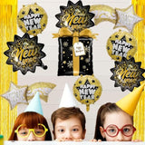 9pc Black Gold New Year 2026 Balloons Shooting Star Leaf Foil Decorations