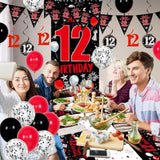 12th Birthday Decorations Red Black Banner Balloons Tablecover Party Decor