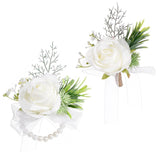 2 Pcs White Corsage And Boutonniere Set Artificial Rose Corsage Writlet Band Faux Pearl Bracelet For Prom Decor And Boutonniere For Men Wedding Party Suit Flower Accessories