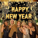 Large Happy New Year Backdrop Banner Black Gold 2026 Party Decorations
