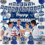 Happy Work Anniversary Decorations Blue Silver Happy Workiversary Banner Honeycomb Centerpieces Hanging Swirls Tissue Paper Pompoms Sash For Office Employee Worker Anniversary Appreciation Supplies