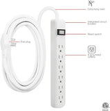 6 Outlet Power Strip 12FT Extension Cord Flat Plug Wall Mount On Off Switch White