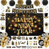 54pcs Black Gold Happy New Year 2026 Party Decor Kit with Banner and Balloons