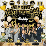 Retirement Party Decorations, Black Gold Happy Retirement Decorations Supplies - Banner Backdrop, Decorations Stickers, Retired Sash, Hanging Swirls, Foil Balloons, Honeycomb Centerpieces