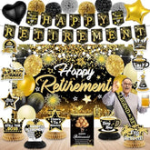 Happy Retirement Party Decorations For Men And Women - Black And Gold Banner, Backdrop Card, Sash, Hanging Swirls, Foil Balloons, Honeycomb Centerpieces