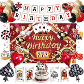 Casino Birthday Decorations - Casino Theme Birthday Backdrop, Banner, Hanging Swirls, 3D Table Card, Balloons And Cake Topper For Poker Theme Party Supplies